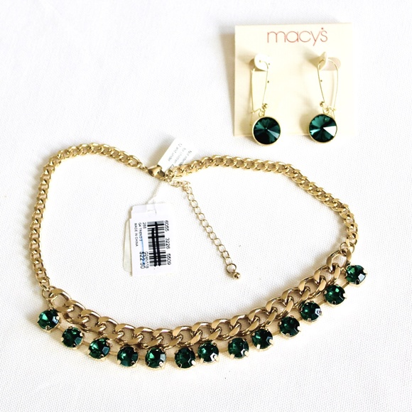 Gold-tone and Green Rhinestone Necklace and Drop Earrings - Picture 1 of 4